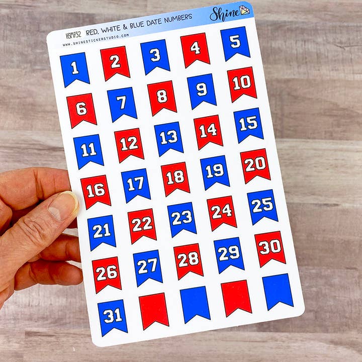 Große Rot Weiß & Blau Datumszahlen Planeraufkleber für den Großhandel von Shine Sticker Studio