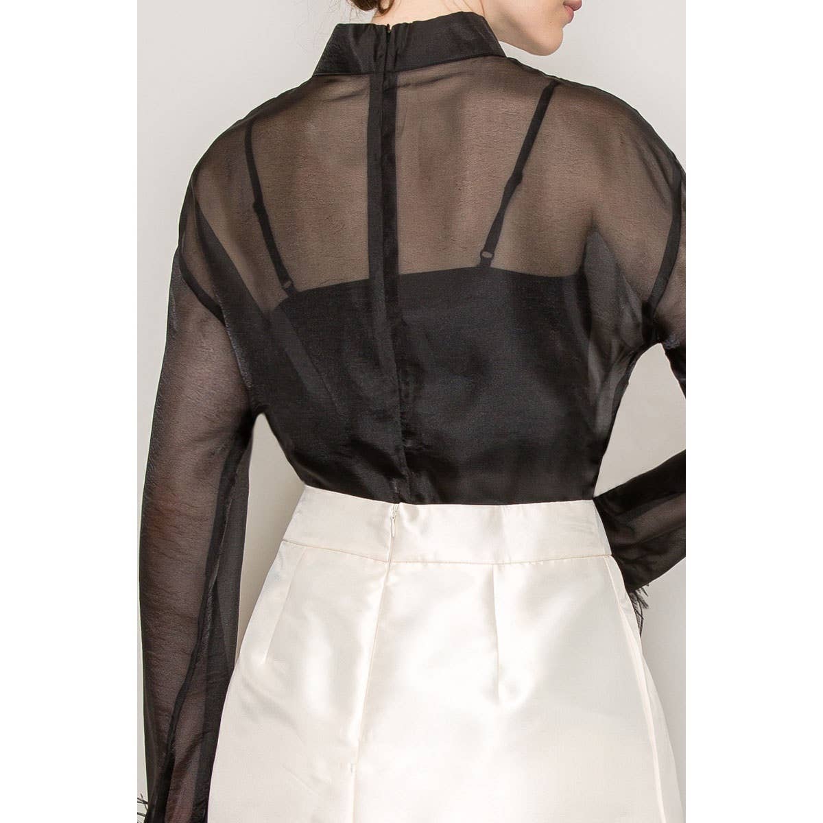 INA - Vente Chemisier – femme - Blouse transparente à manches longues avec col montant et bordure en plumes12
