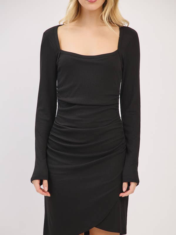 Heart & Hips - Wholesale Dress - Women's - RD54465LB - SQUARE NECK ALLOVER RUCHED LS OVERLAP-SKIRT DRES3