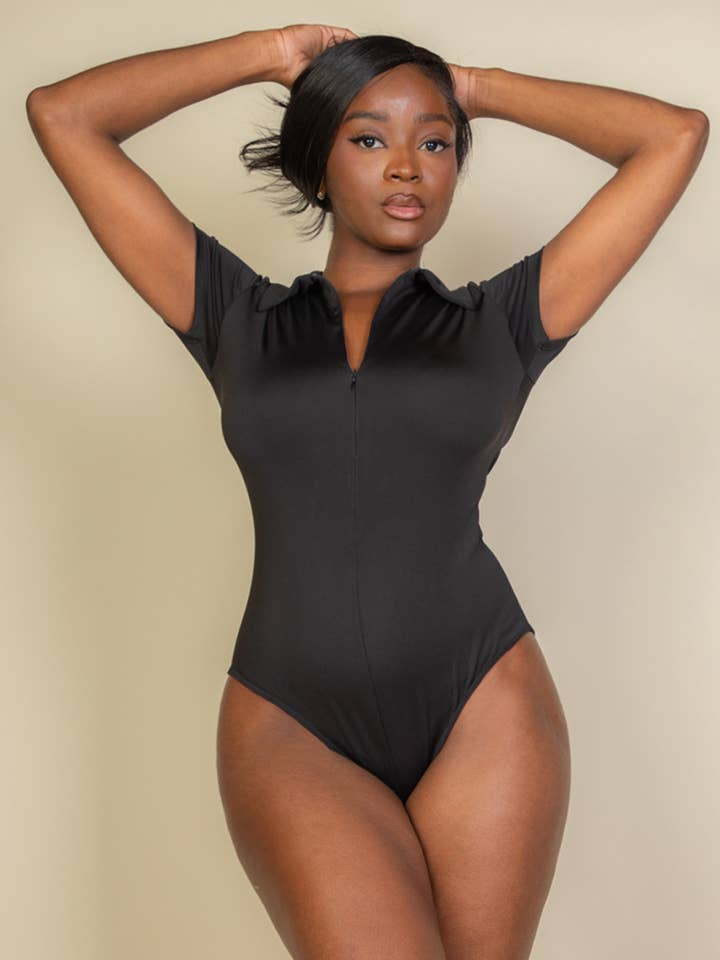 Zip Front Short Sleeve Bodysuit for wholesale by CAPELLA APPAREL