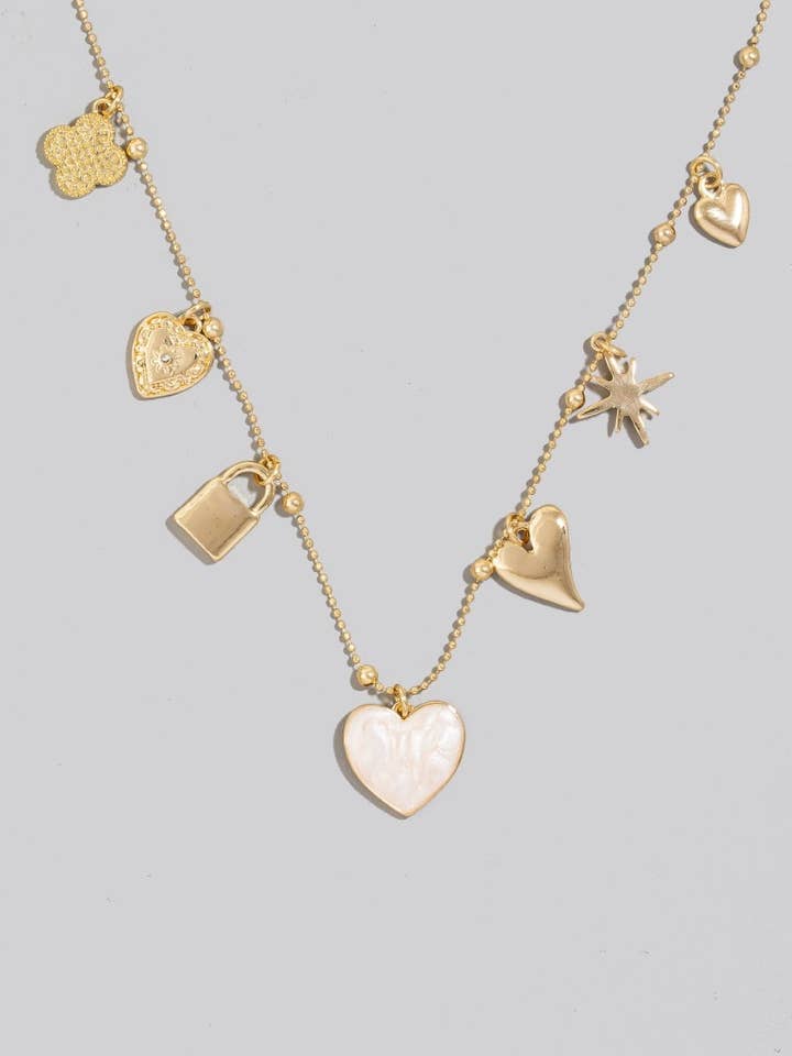 MIXED HEARTS LOCK AND CLOVER CHARMS CHAIN NECKLACE 21 for wholesale by anbfashion
