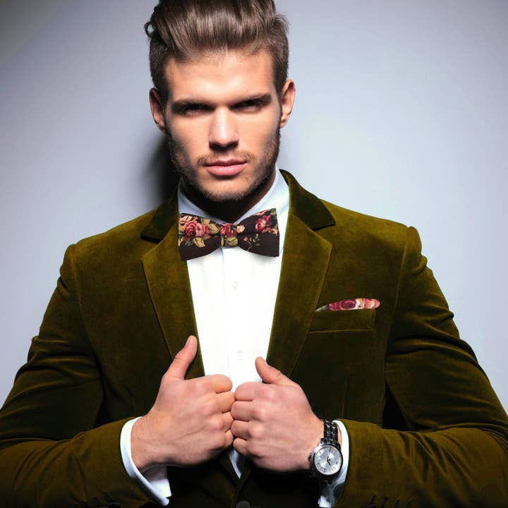 GASSANI - Wholesale Bow Tie - Men's - GASSANI Set of 2 Brown Linen Wedding Bow Tie Handkerchief Floral Flower Bow Pre-tied1