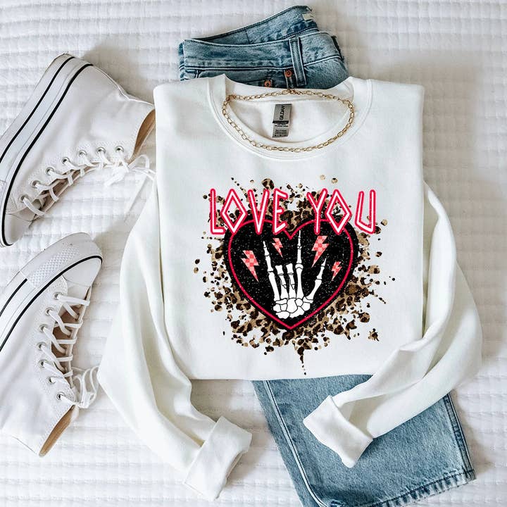 Rock On Love You Skeleton Hand Crewneck for wholesale by Talking Too Loud Apparel