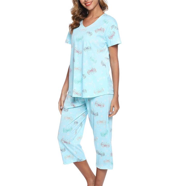 Basis Fancy - Wholesale Sleepwear set – Women's - Women Fashion Casual Printed V-Neck Short-Sleeve T-Shirt Loose Pants Pajamas Set5