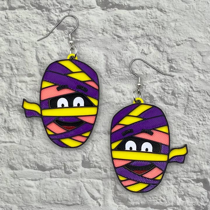 Cereal Mummy Halloween Statement Earrings 3D Printed for wholesale by Cryptid Craft Studio