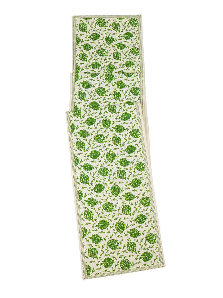 Green Artichoke Bliss Block Print Cotton Table Runner for wholesale by Tiramisu