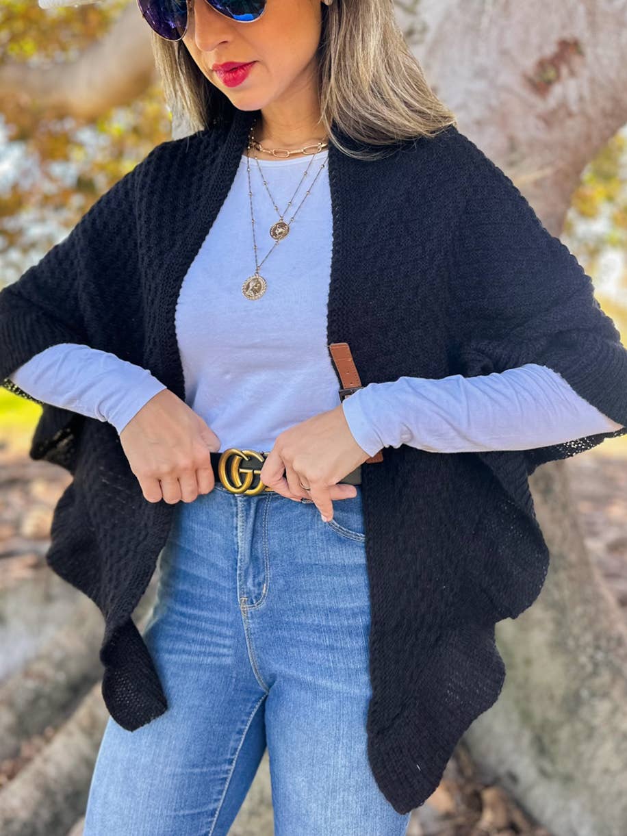 Classic Black Triangle Ruffle Shawl with Faux Leather Buckle for wholesale on Faire1