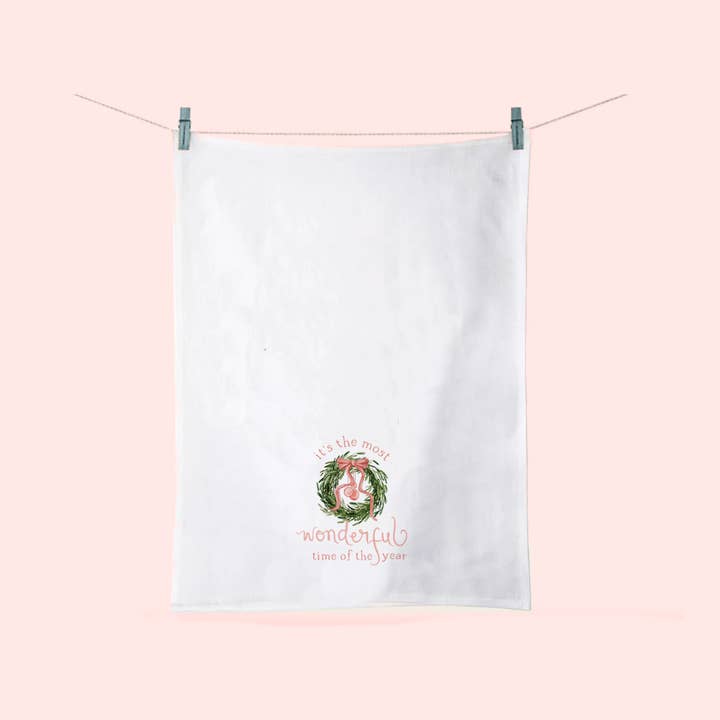 Ashley Triggiano Art & Design - Wholesale Tea Towel - Pink Wreath Christmas Ornament Tea Towel - Holiday Kitchen