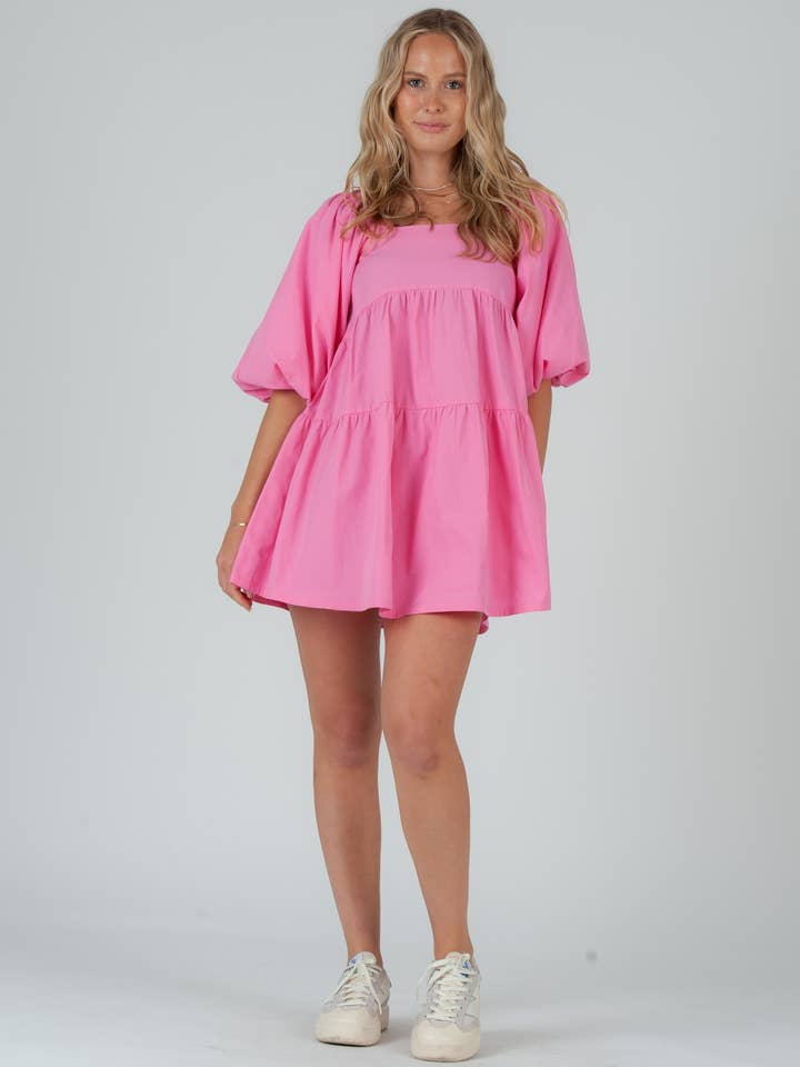 Women's Pink Poplin Short Sleeve Tiered BabyDoll Mini Dress for wholesale by Lucca Couture