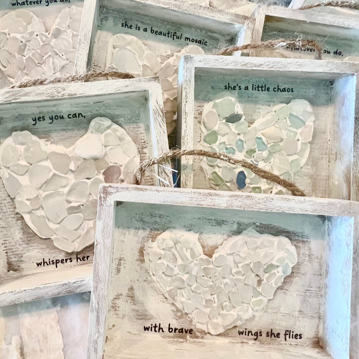 UnfiniSHEd - Wholesale Sign - Inspiration Mosaic Sea Glass Heart Art , Choose saying