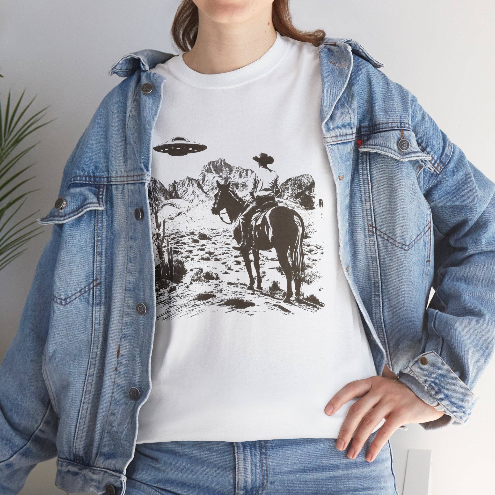 KILLER RETRO - Wholesale Screen Printed T-Shirt - Unisex - Retro UFO and Cowboy Western Graphic Tee.1