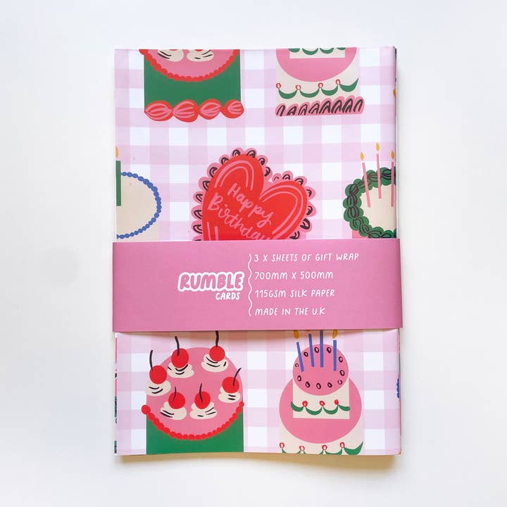 Gingham Birthday Cake Pattern Gift Wrap - Wrapping Paper for wholesale by Rumble Cards
