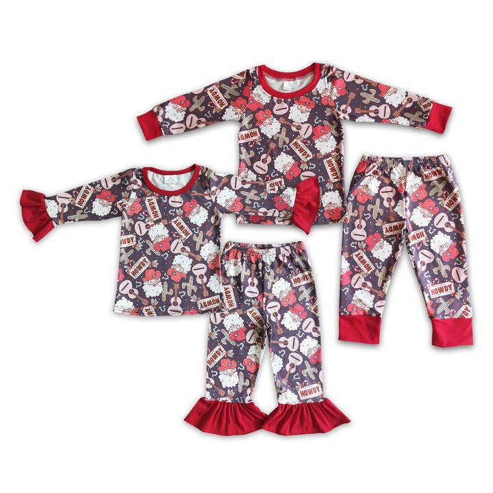 Yawoo Garments - Wholesale Sleepwear Set - Kids - Howdy santa guitar cactus kids western Christmas pajamas