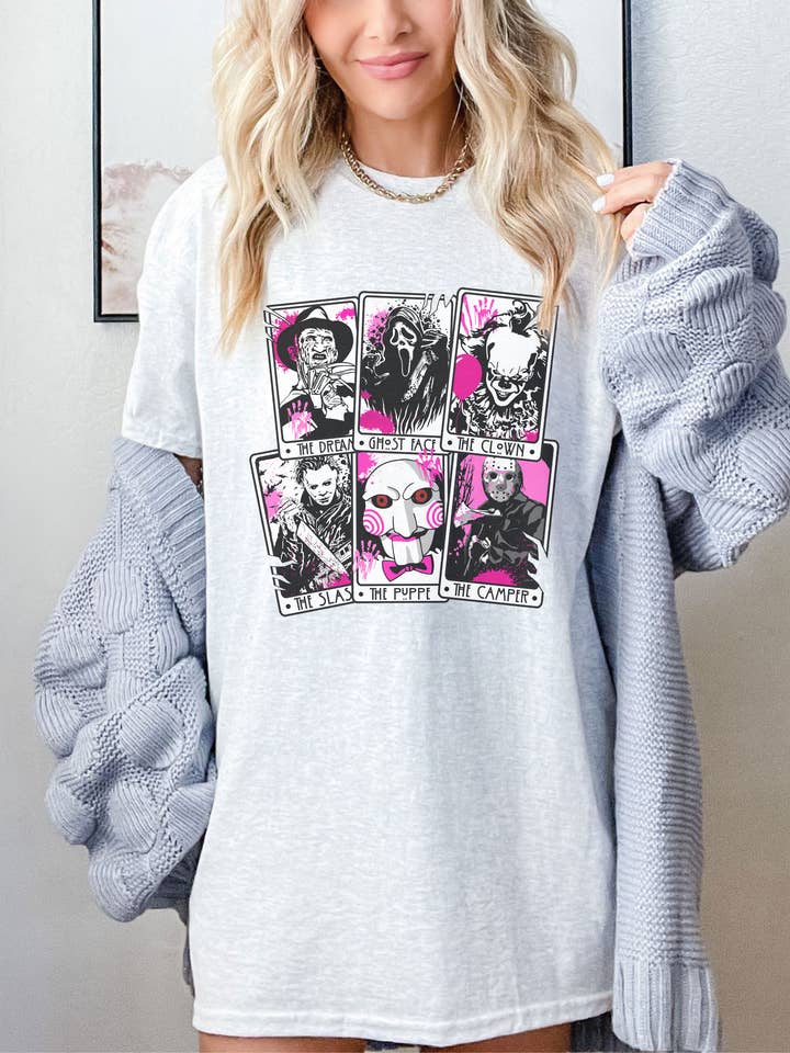 SONDO DESIGN LTD - Wholesale T-Shirt (Graphic) - Women's - Horror Movie Characters Tarot Card Shirt, Horror Squad Shirt1