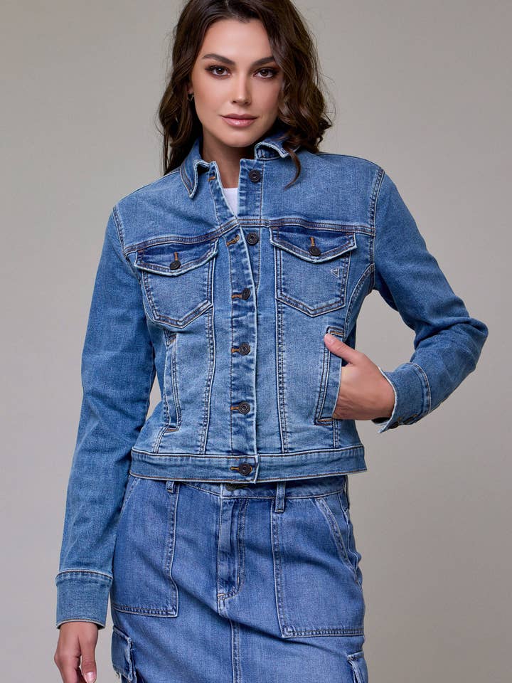 Medium Wash Fitted Stretch Trucker Jacket for wholesale by Hidden Jeans