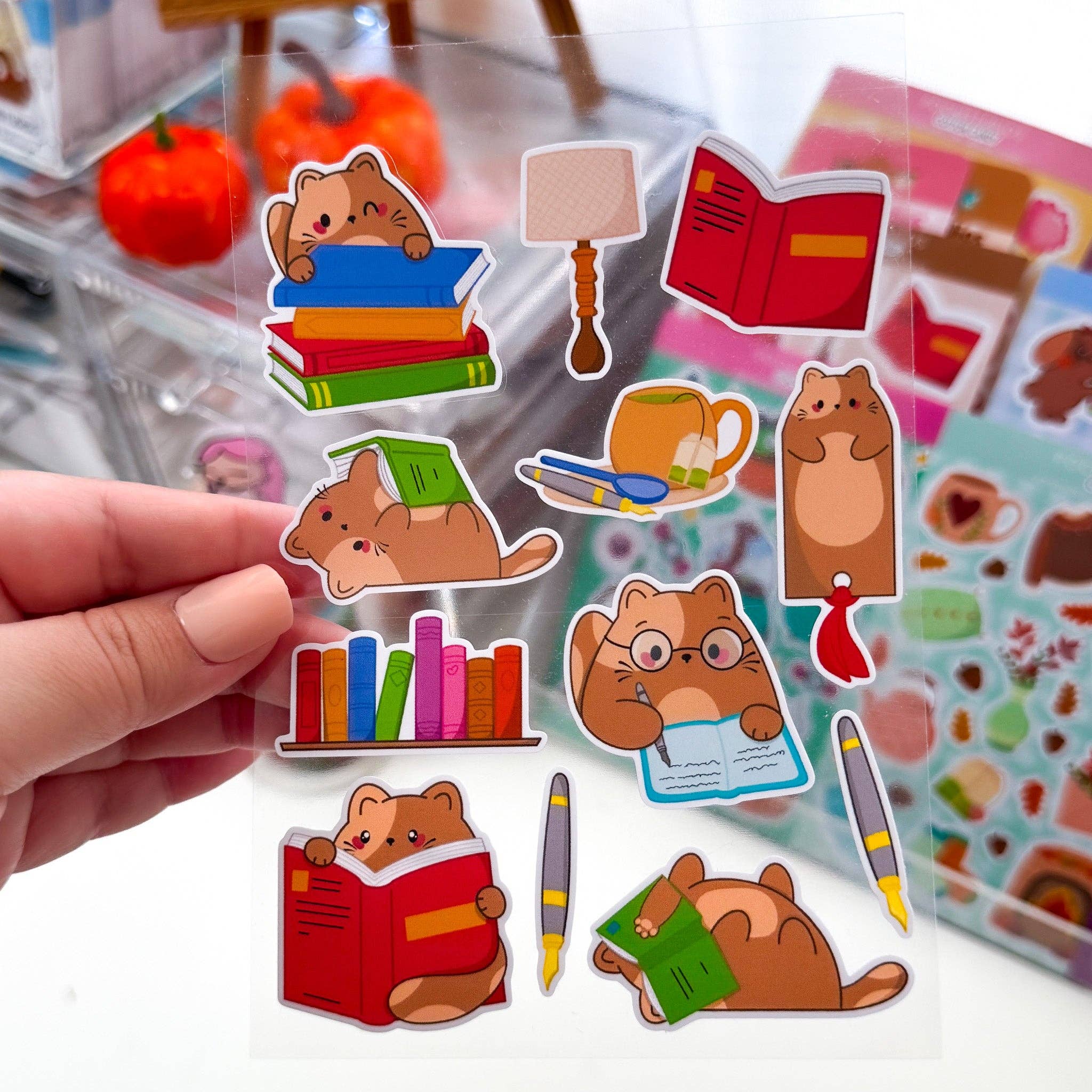 Pochistudios - Wholesale Sticker - Cozy Reading Chubby Chubbs Cat Matte Vinyl Sticker Sheet1