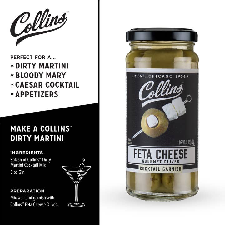 Collins - Wholesale Olives - Gourmet Feta Cheese-Stuffed Cocktail Olives - 5 oz