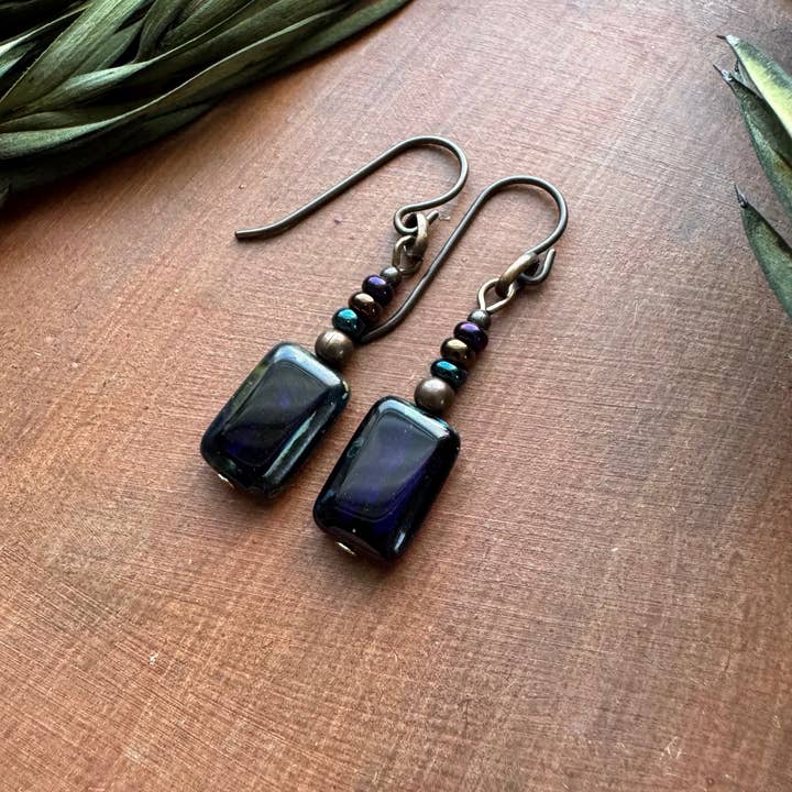 Niobium Earrings Cobalt Blue Czech Glass Rectangle Seed Bead for wholesale by Vintage Earth