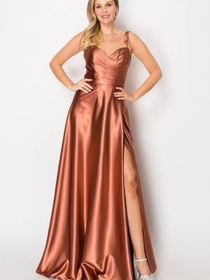 Long Satin Dress With Tie on Straps and Slit 9811 for wholesale by Chicas