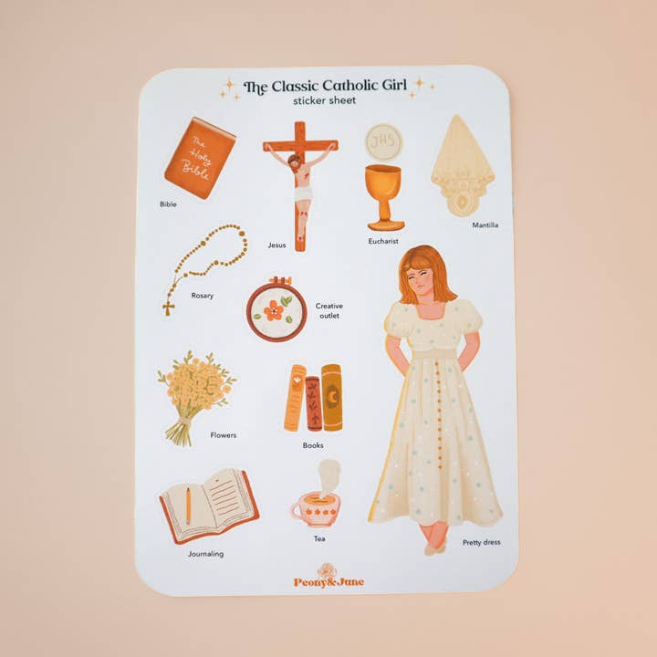 The Classic Catholic Girl Sticker Sheet for wholesale by Peony&June Illustration