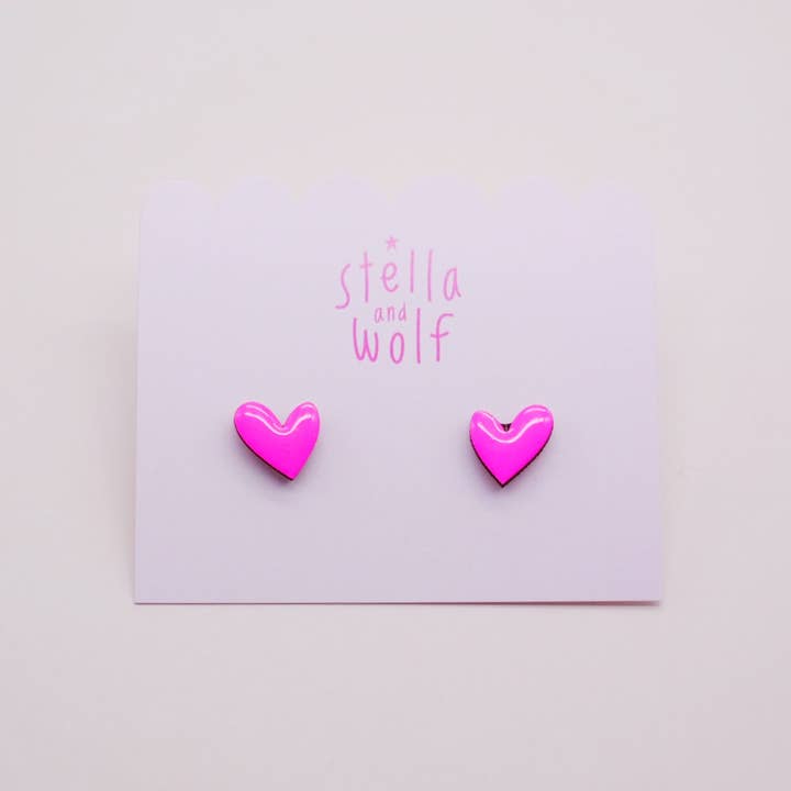 Stella and Wolf - Wholesale Stud/Post Earrings - Neon pink wooden heart studs, wonky heart earrings