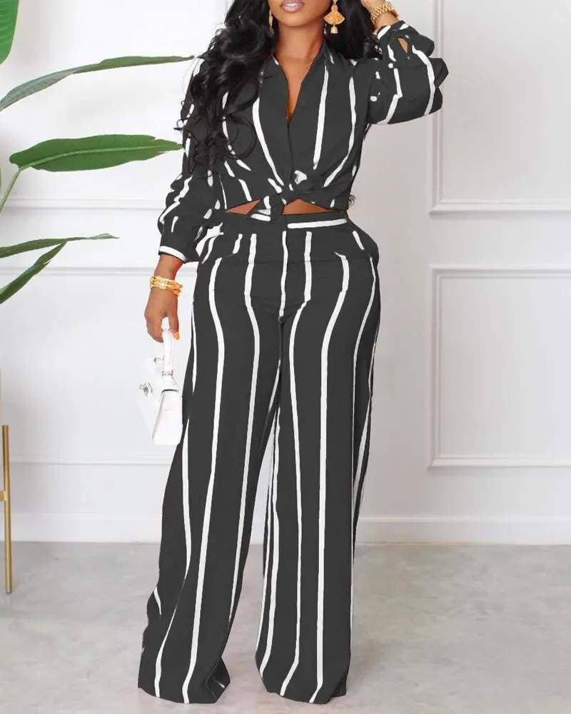 Fashion Combination - Wholesale Top & Skirt Set - Women's - striped long sleeve button down shirt pants set11
