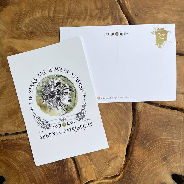 Burn the Patriarchy POSTCARD - TAURUS POSTCARD - VIRGO for wholesale by Heather Gerni Art & Design