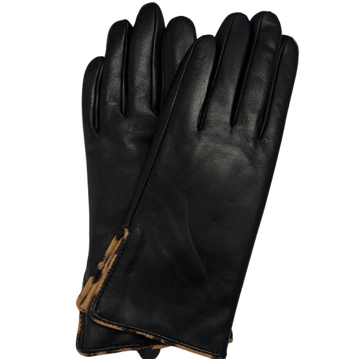 Black Genuine Leather Glove With Leopard Detail for wholesale on Faire0