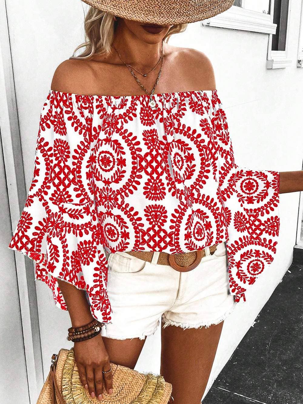 Queen Fashion – wholesale Blouse – Women’s – shoulder blouse with plant print and flare sleeves26