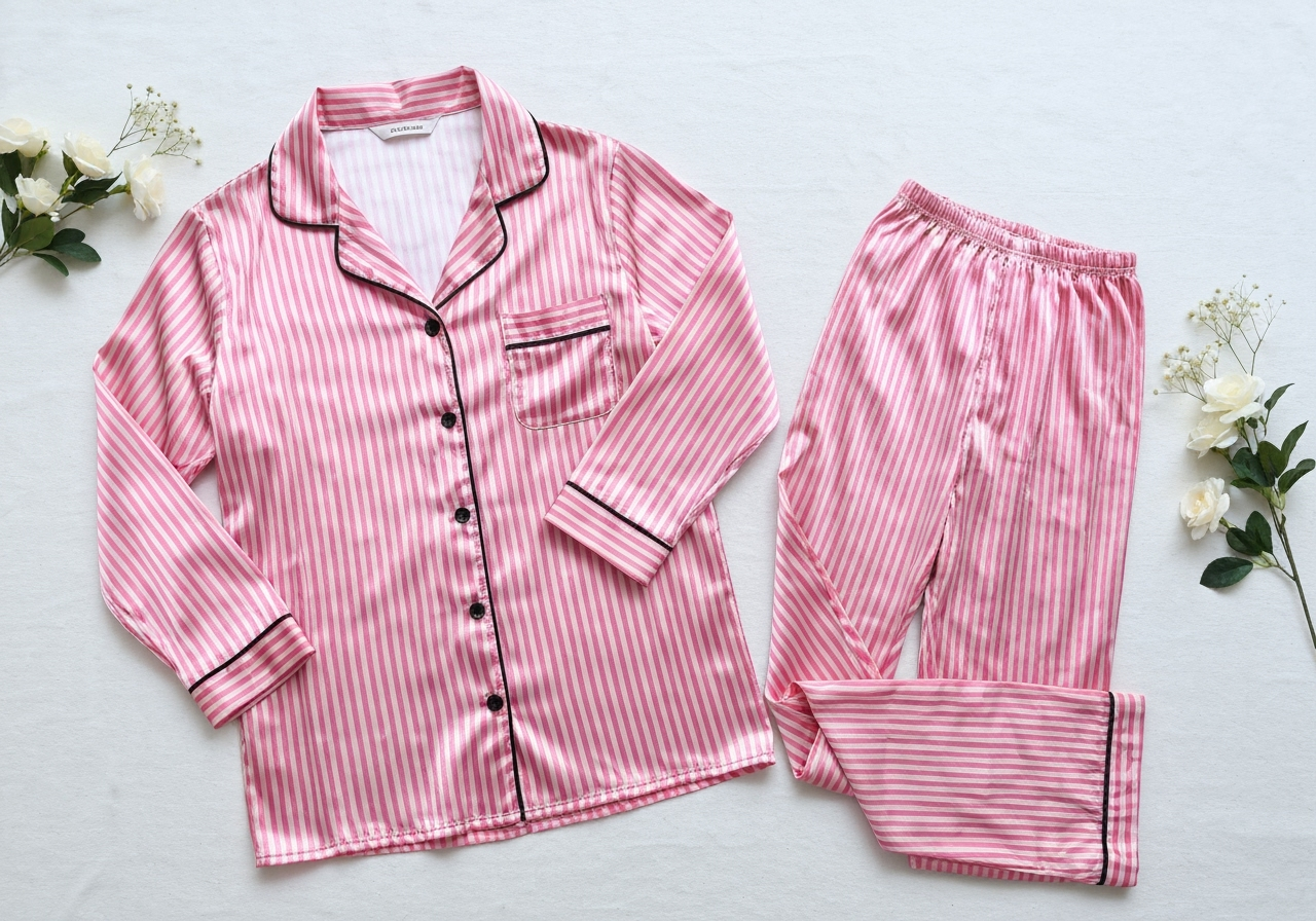 The Blissful - Wholesale Sleepwear Set - Women's - Customized Women's Pink Striped Full Pajama Set 1
