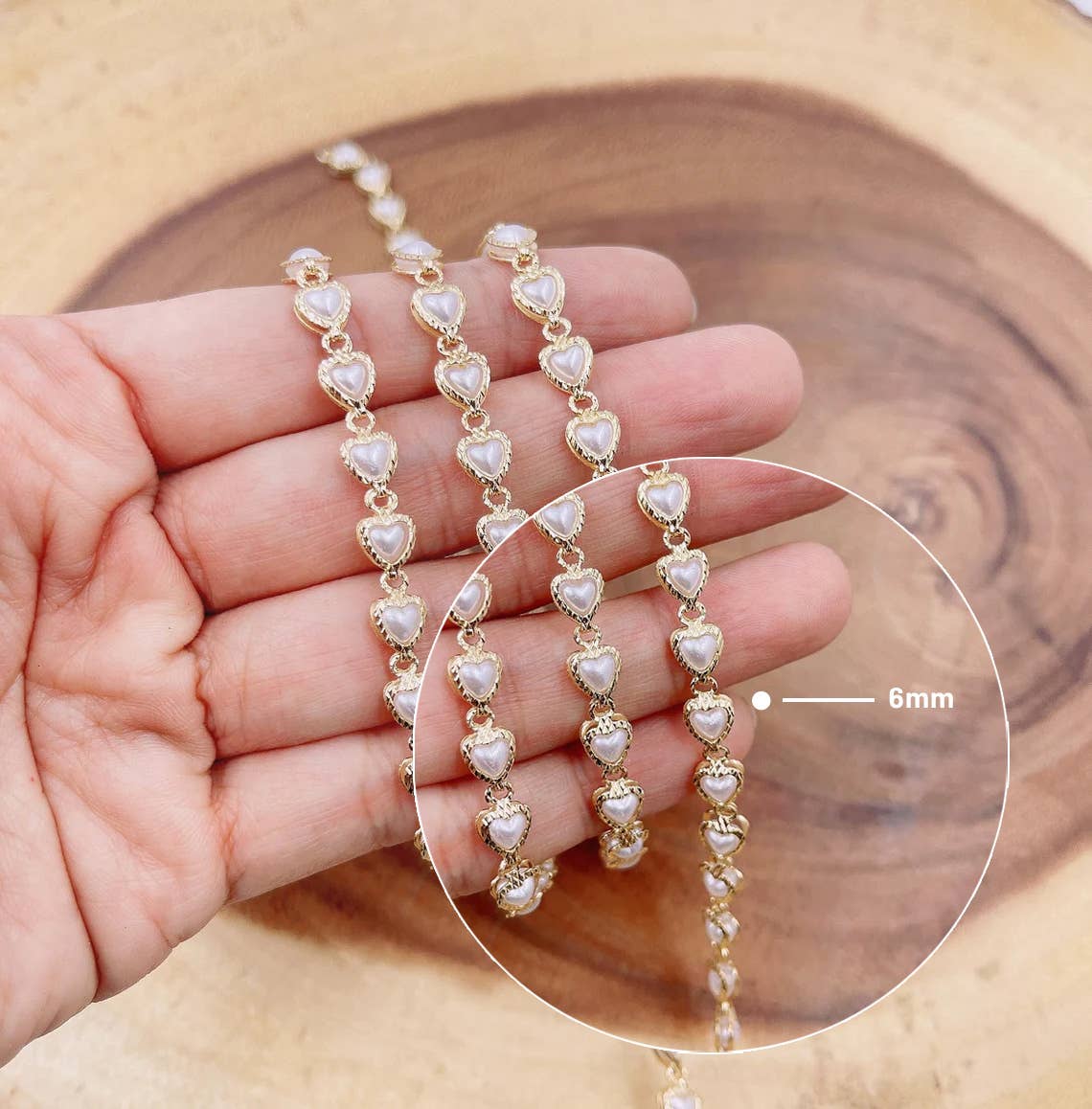 Beads Creation – wholesale Beads – White Pearl Heart Chain, MOP Pearl Chain by Foot, CH2960