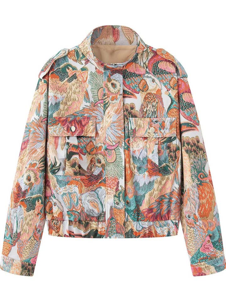 Retro Street Peacock Print Bomber Jacket for wholesale by Rosa Clothing