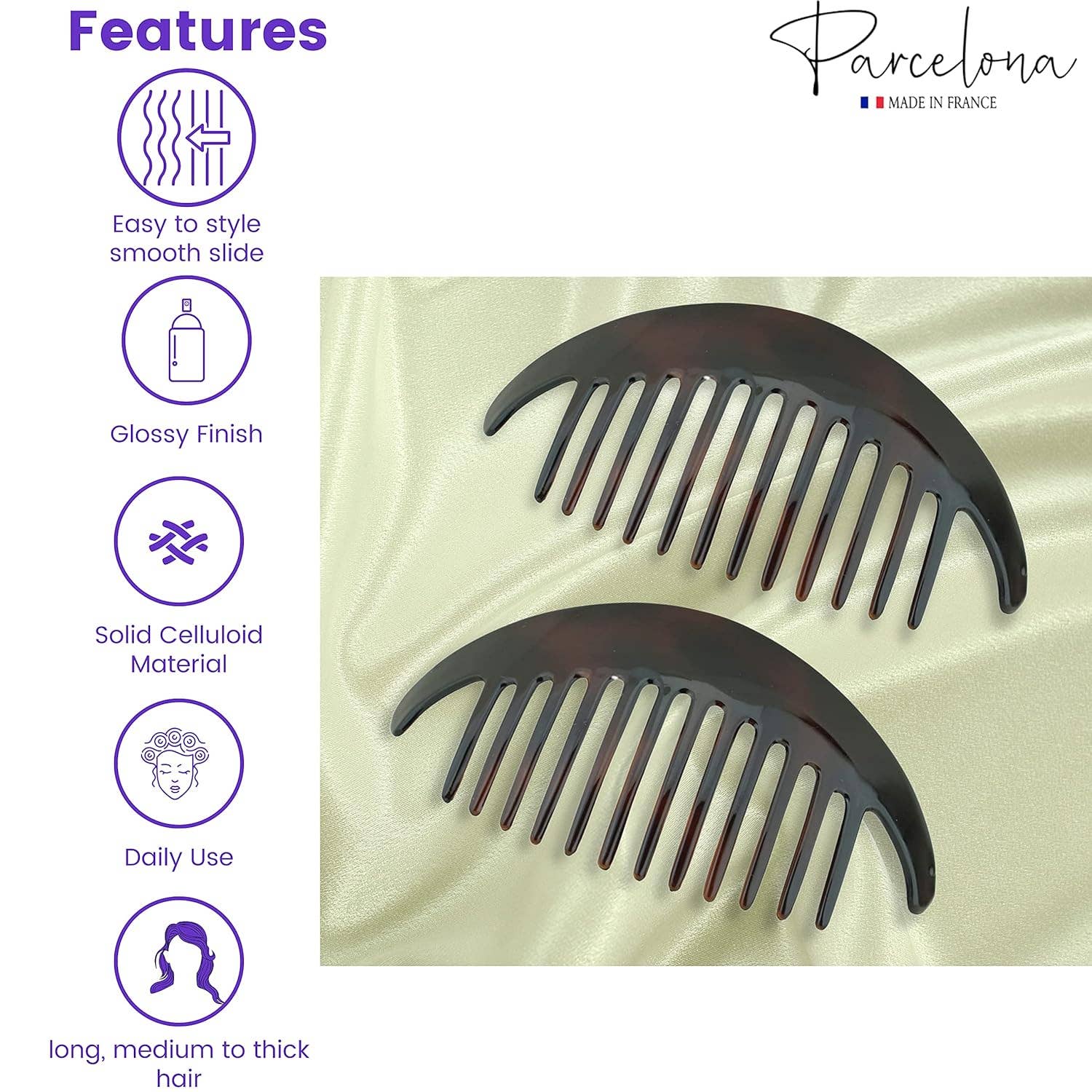Parcelona - Wholesale Hair Brush/Comb - Parcelona French Alice Large Celluloid 12 Teeth Side Hair Combs for Women 2 Pcs18