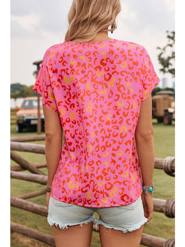 As shown Fashion-W Leopard V Neck Short Sleeve Blouse*S-XL for wholesale on Faire2