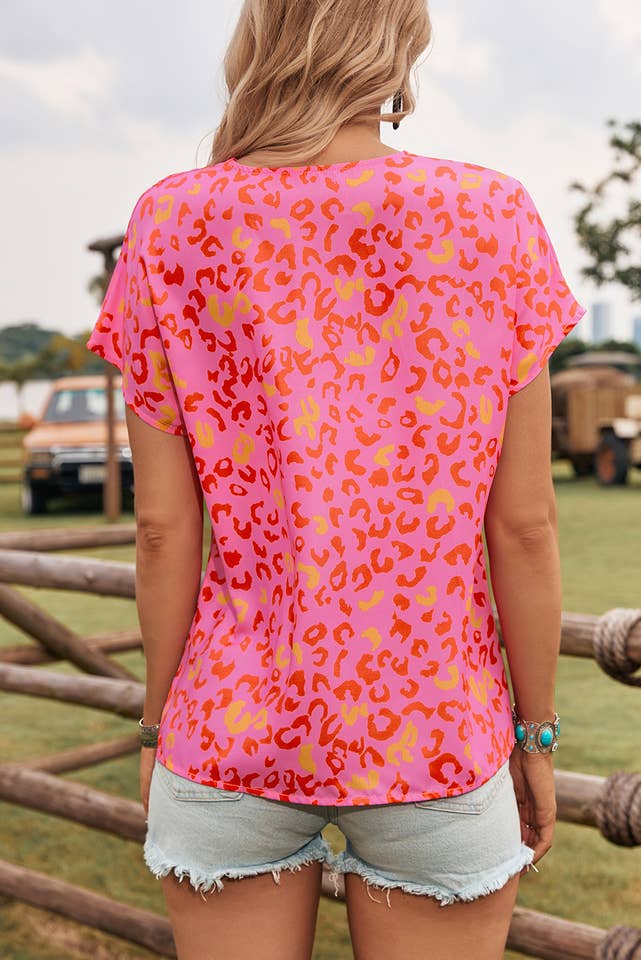 As shown Fashion-W Leopard V Neck Short Sleeve Blouse*S-XL for wholesale on Faire2