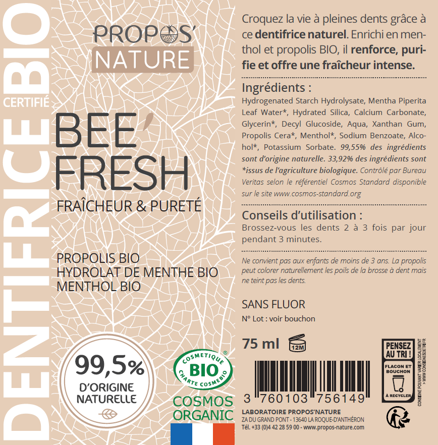 Propos'Nature - Wholesale Toothpaste - Organic Toothpaste - Propolis and Menthol - Fluoride-Free - 75ml3