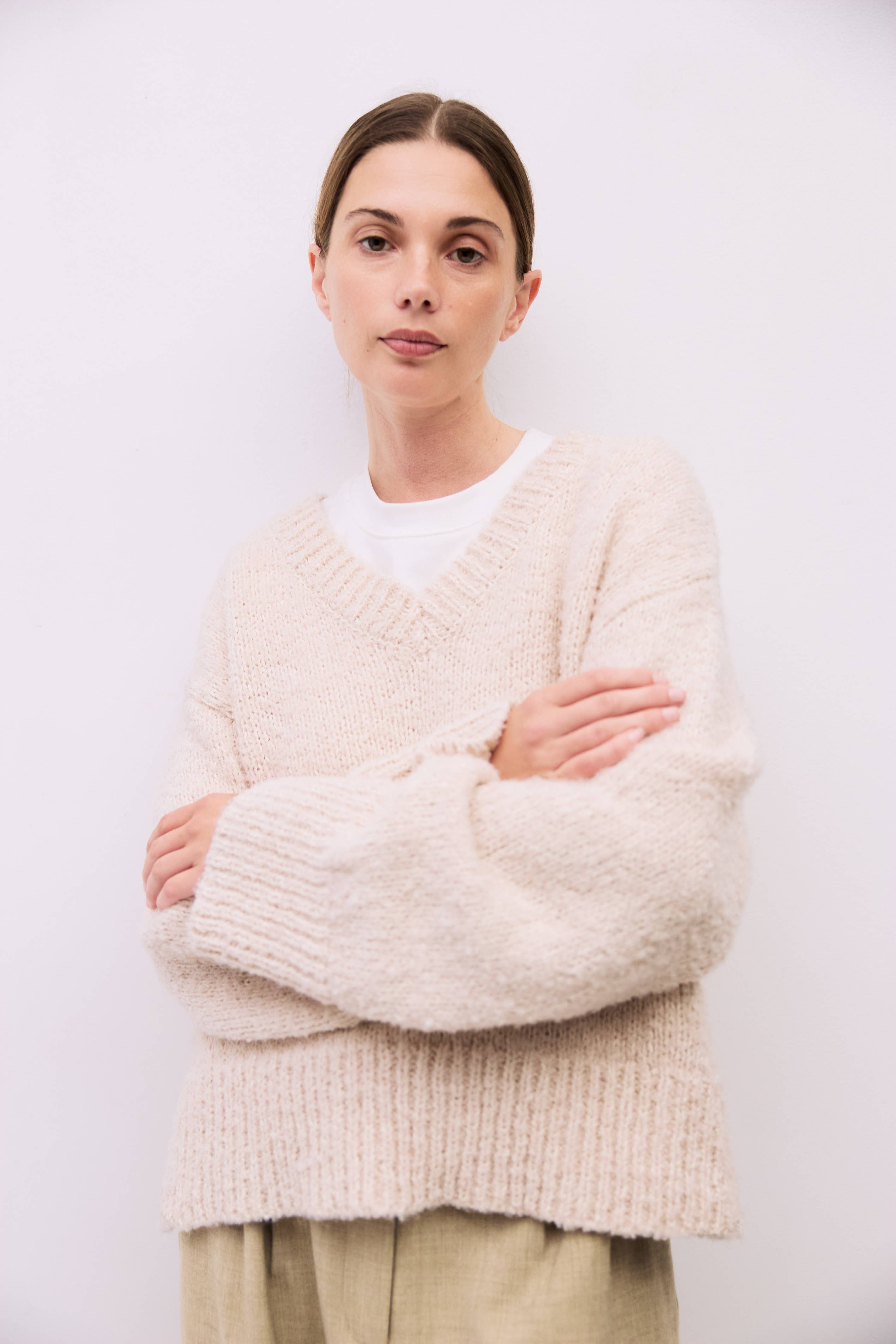 MOD REF - Wholesale Knit Sweater - Women's - The Glen Sweater | Oversized Boucle Knit V-Neck Sweater7