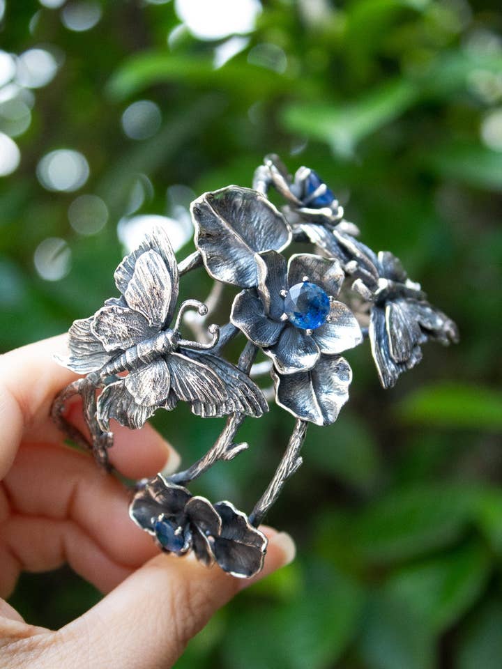 Twilight Garden - Sterling Silver & Kyanite Cuff Bracelet for wholesale by Ambra Jewels