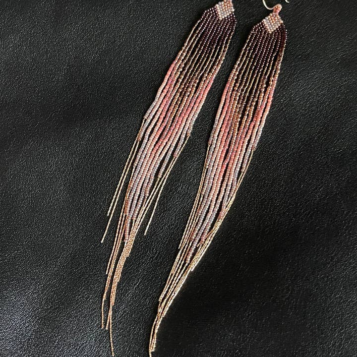 Maui Swan Glass Beadwork Earrings W/ Rose Gold Chain Fringe for wholesale by Maui Swan Designs