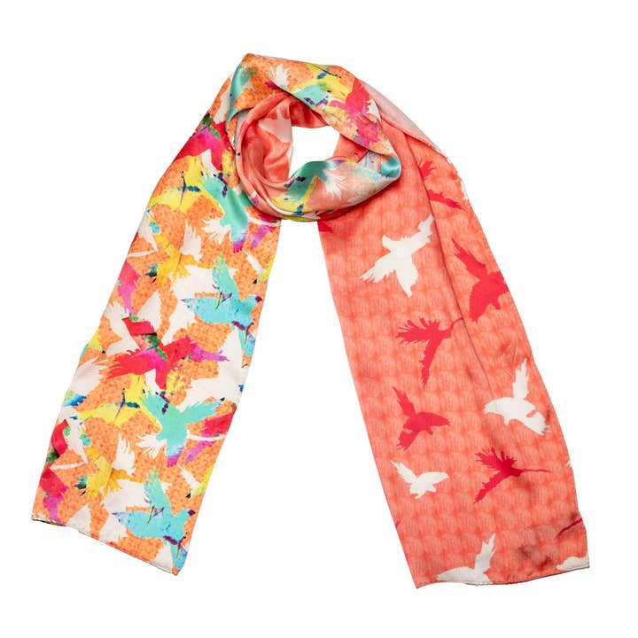 Bunter Satin Seidenschal mit stilisierten Vogelmotiven für den Großhandel von Shirin Sehan