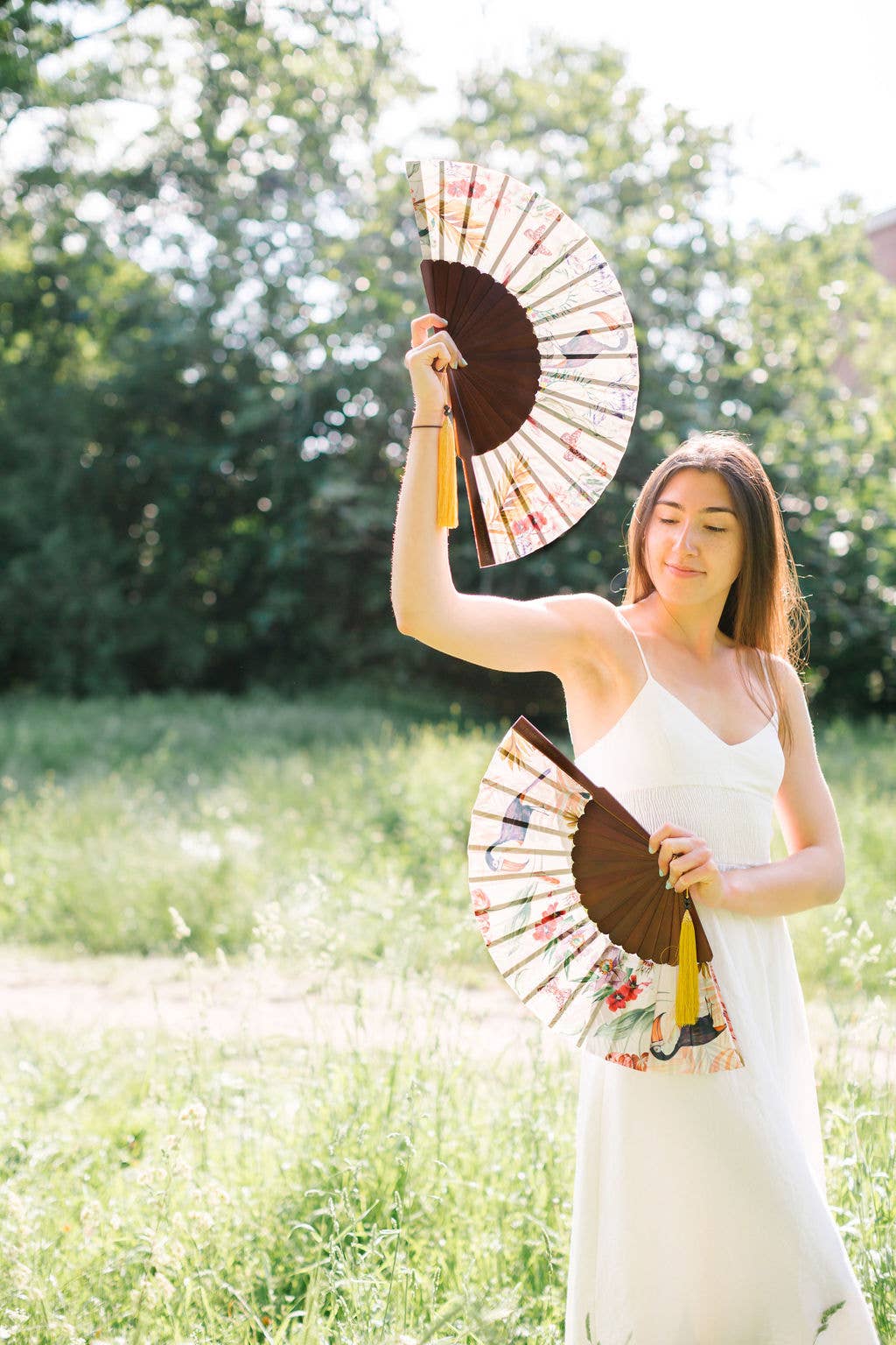 Alice Acreman Silks – wholesale Handheld folding fan – Floral Silk Fan with Toucan design and luxurious Gold tassel7