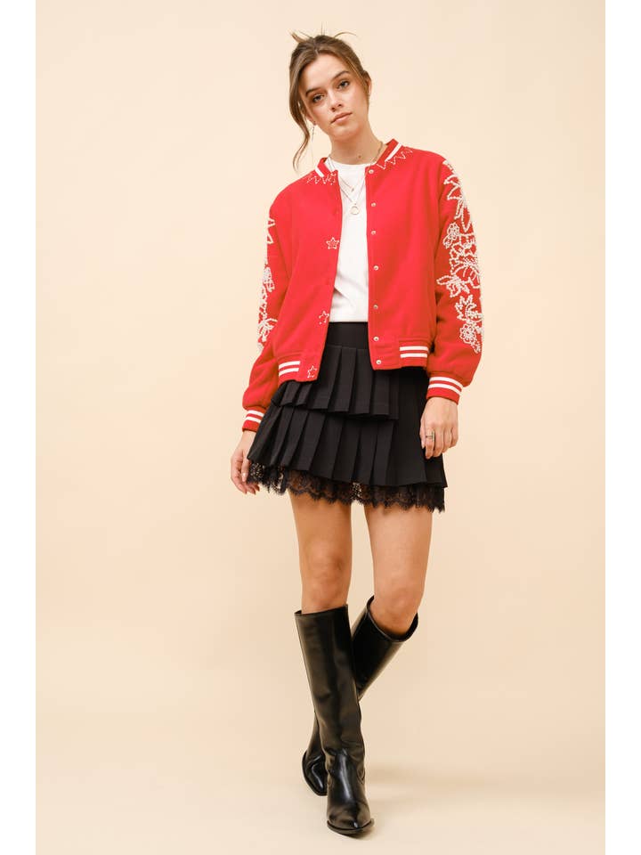 CHEERY RED 22881J - Pearl Embellished Bomber Jacket for wholesale on Faire