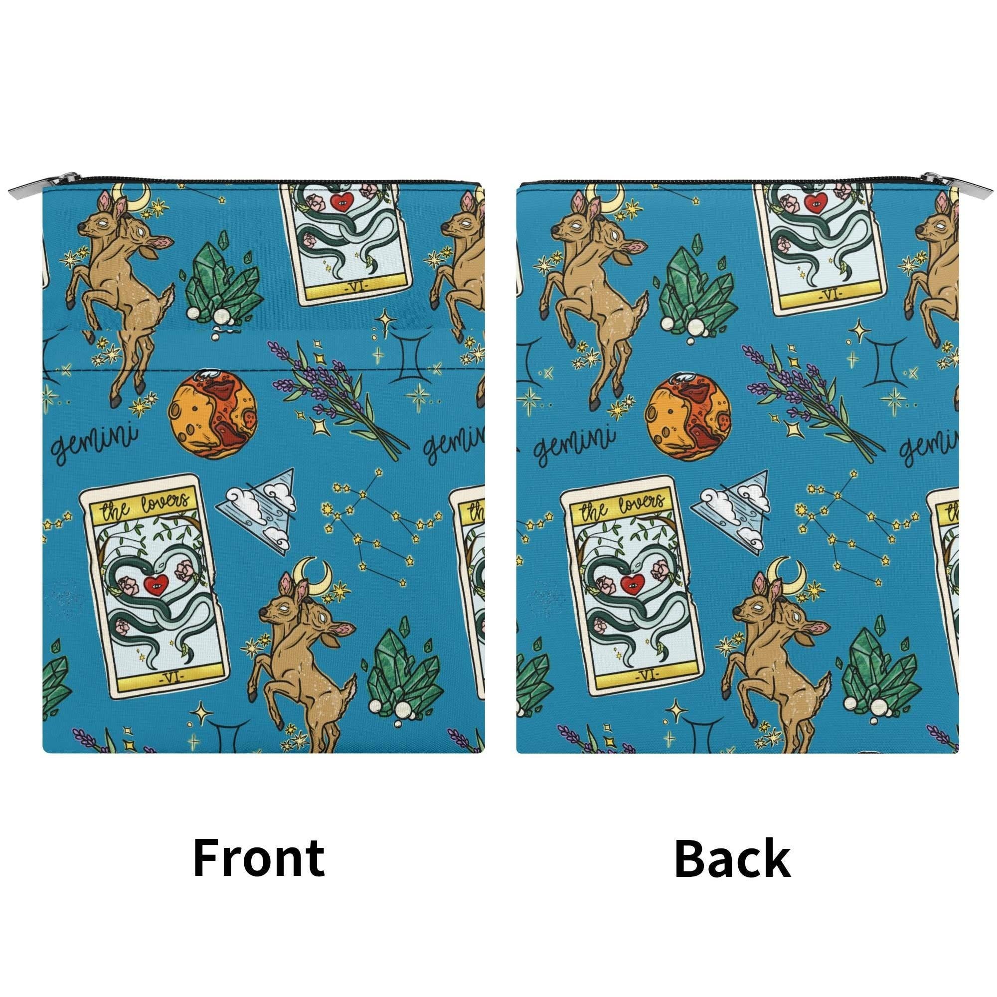 OhhhSoPeachy – Großhandel Buchumschlag – Gemini nahtloses Muster bedruckter Stoff benutzerdefinierter Buchumschlag Buchschutzhülle mit Reißverschluss und Fronttasche5