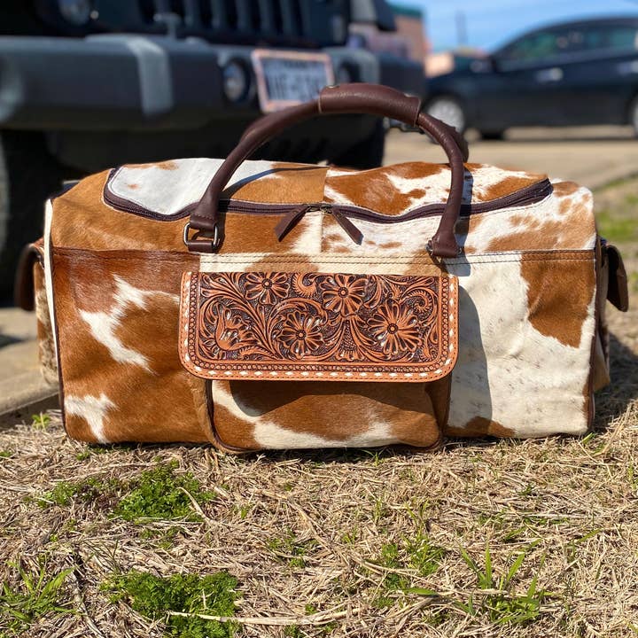 Western Linens - Wholesale Weekender Bag - Women's - Brown Cowhide & Tooled Leather Duffle Bag