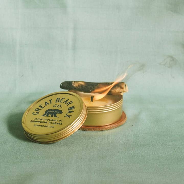 Wooden No. 2 Traveler Candle 4 oz Tin for wholesale by Great Bear Wax Co.