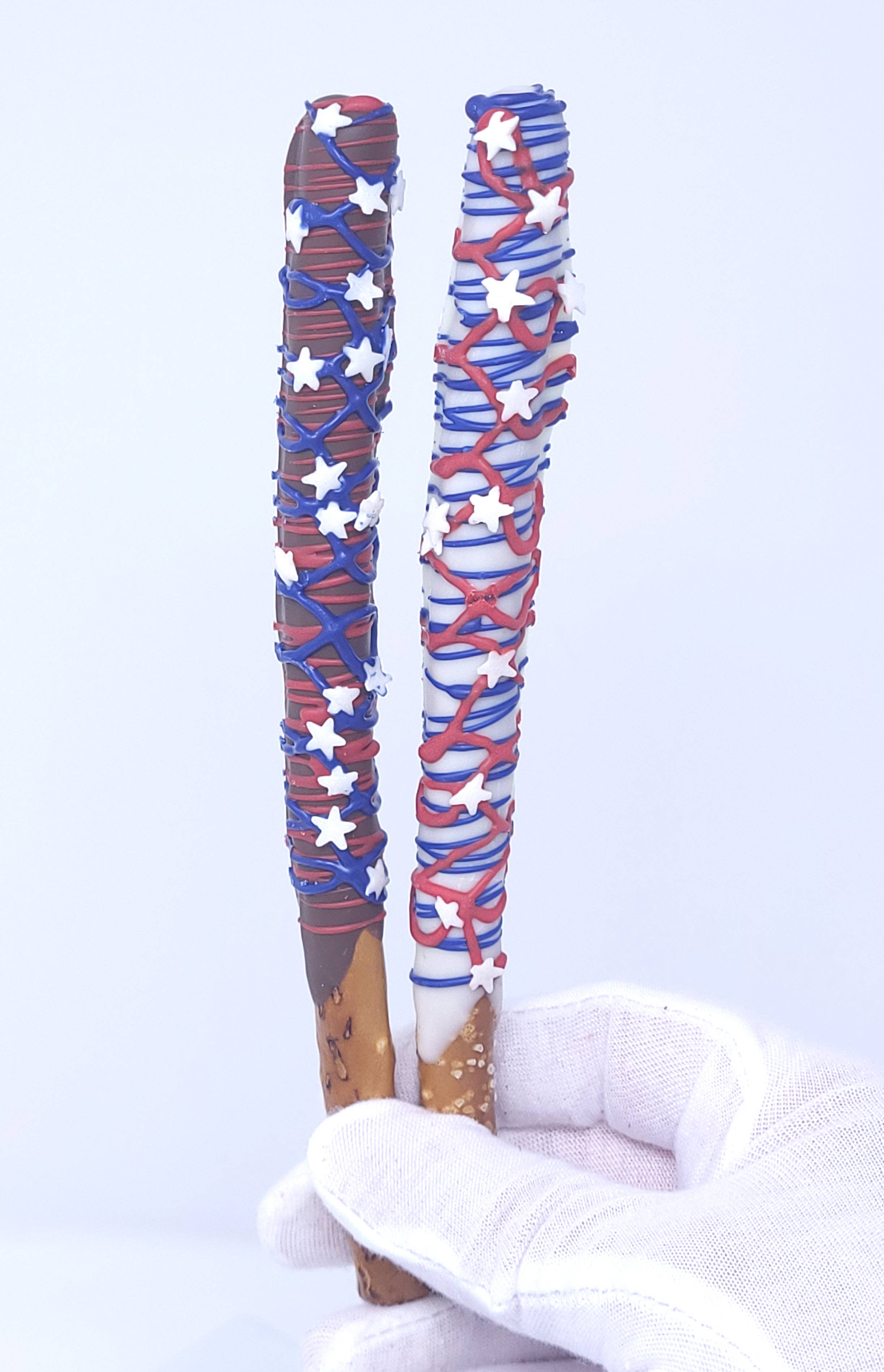 Wild Angel Treats, LLC - Wholesale Chocolate Covered Sweets - Chocolate Dipped Pretzel Rods - Patriotic1