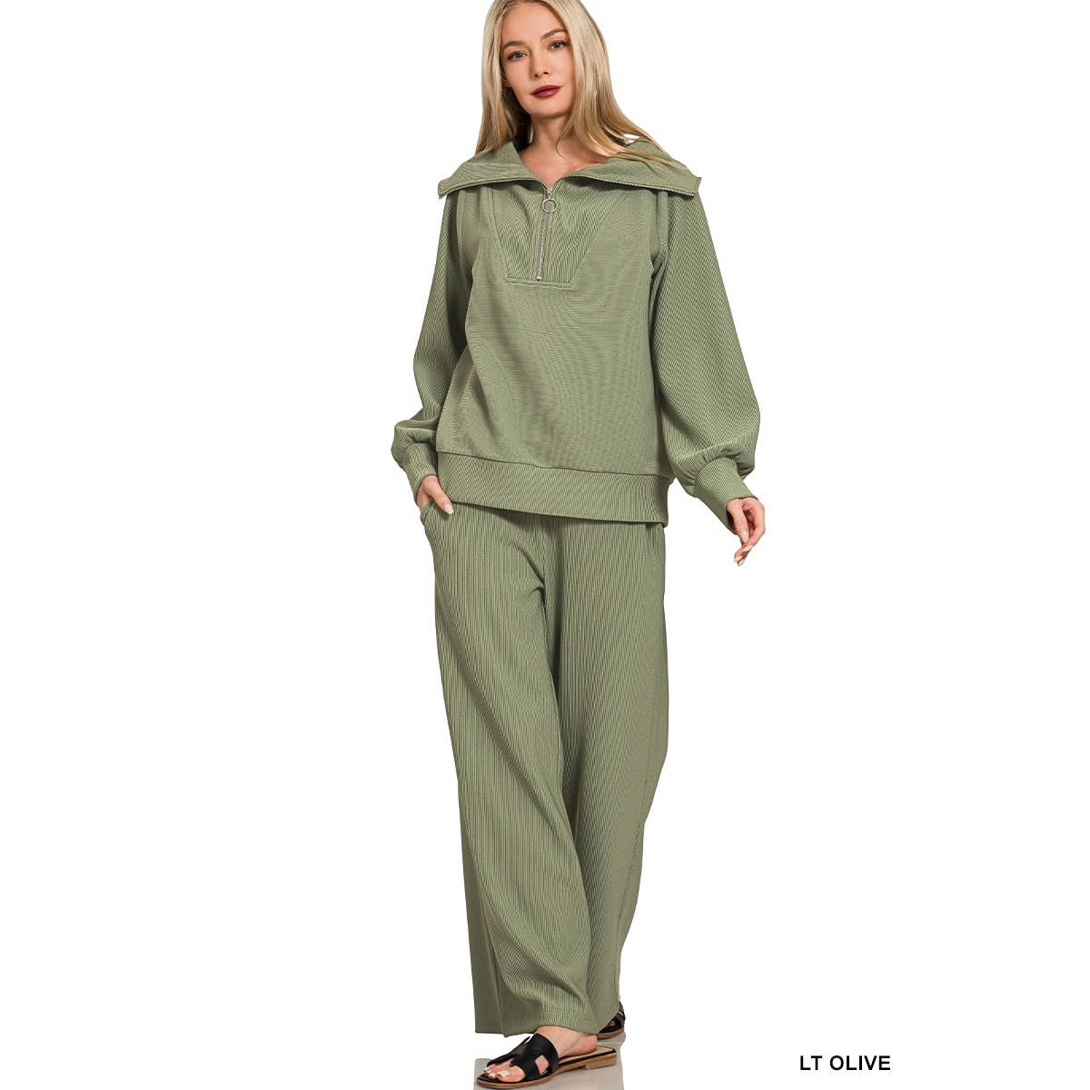 HiteJeans - Wholesale Lounge Set - Women's - Ribbed high neck half zip pullover pants set1