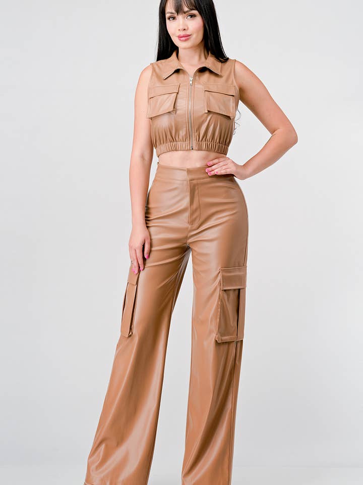PS9103B-W SEXY FAUX LEATHER CROPPED TOP AND PANTS SET for wholesale by PRIVY