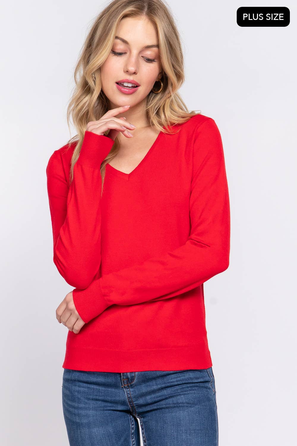Active Basic | Active USA - Wholesale Knit Sweater - Women's - [PLUS SIZE] Long Sleeve V-neck Basic Sweater21