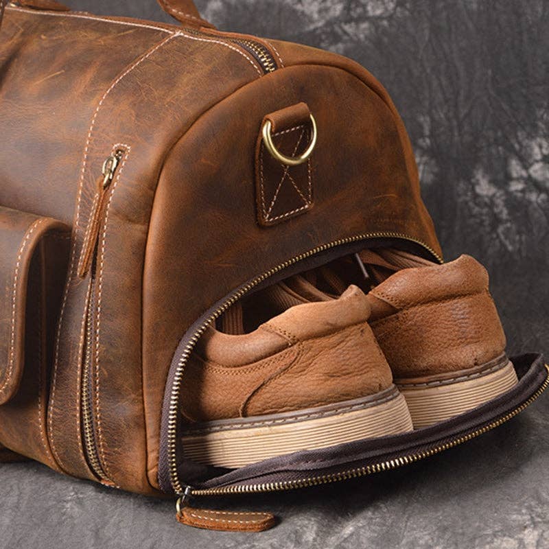 RockCow Leather Studio - Wholesale Weekender Bag - Men's - Vintage Leather Weekend Bag with Shoes Compartment, Crazy Horse Leather Duffle Bag, Large Travel Bag4